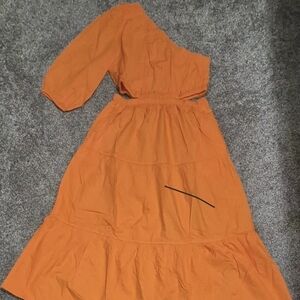 The Drop Women's April One Shoulder Cut-Out Tiered Midi Dress Orange Size MEDIUM